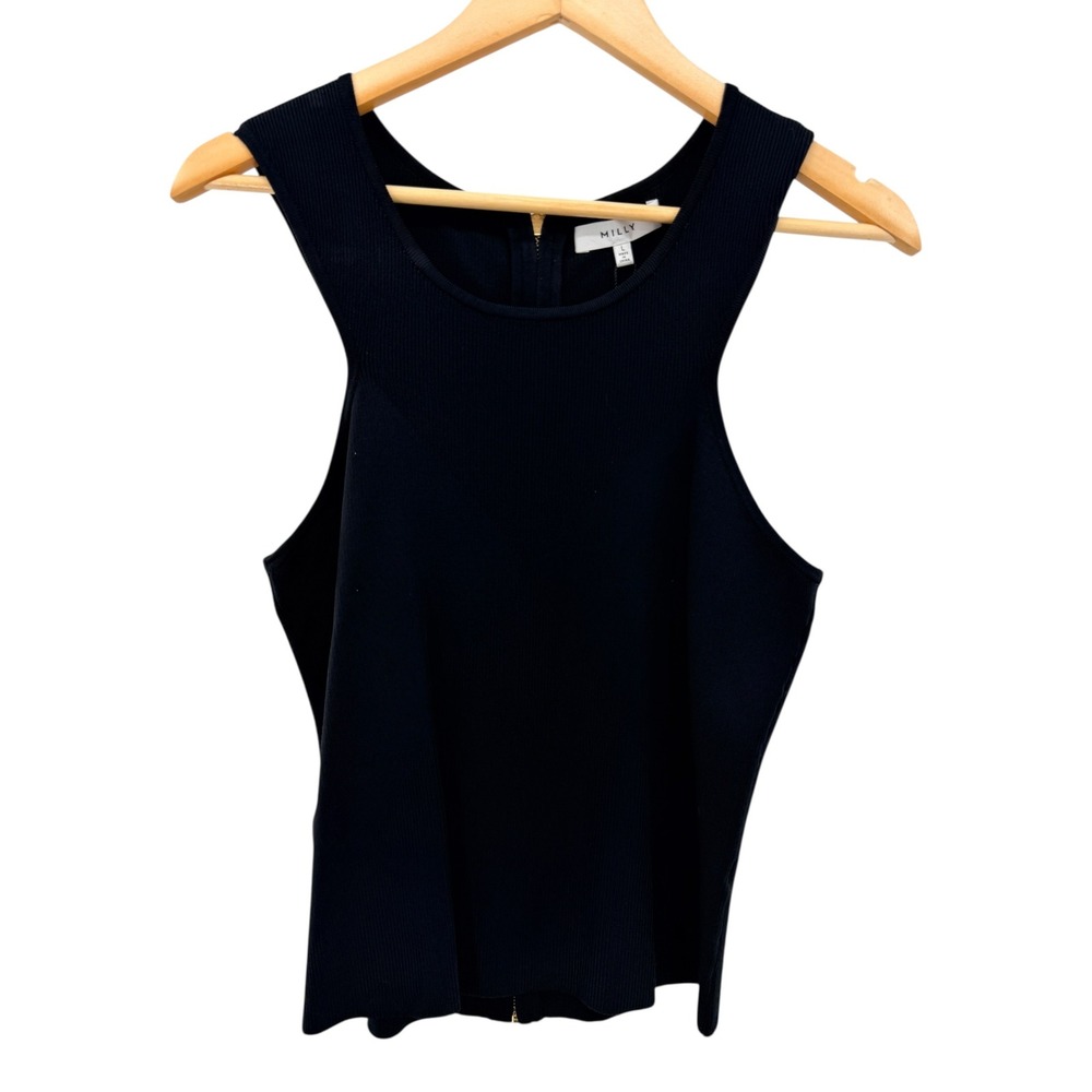 Milly Angled Rib Stretch Flare Shell Black‎ Sleeveless Zip Back Knit Top NWT L